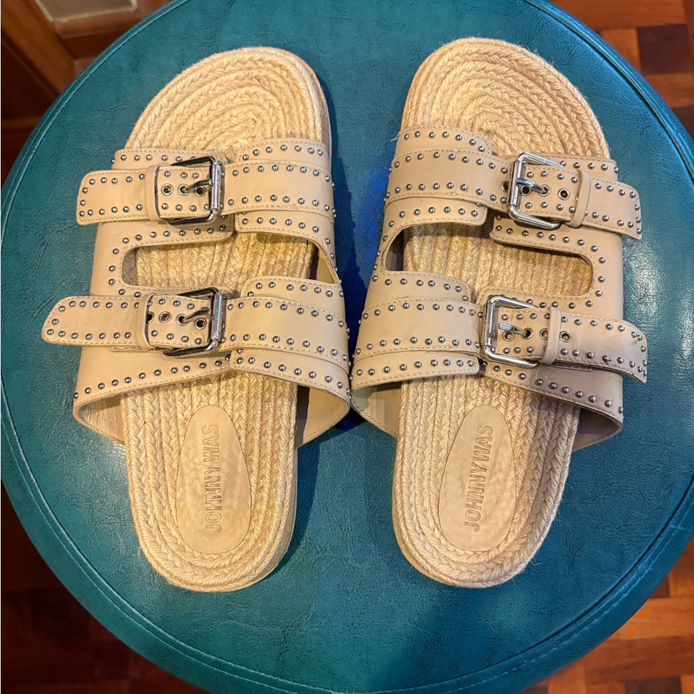 Johnny Was Tan Studded Double-Buckle Slide Sandals